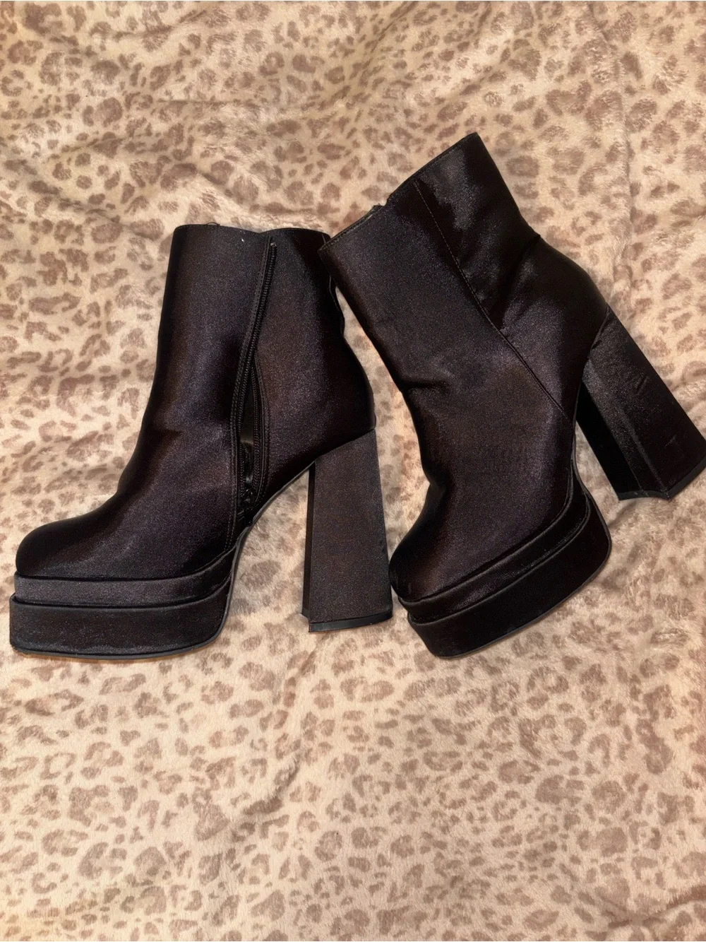 Wild Diva Black Satin Platform Block Heel Ankle Boots